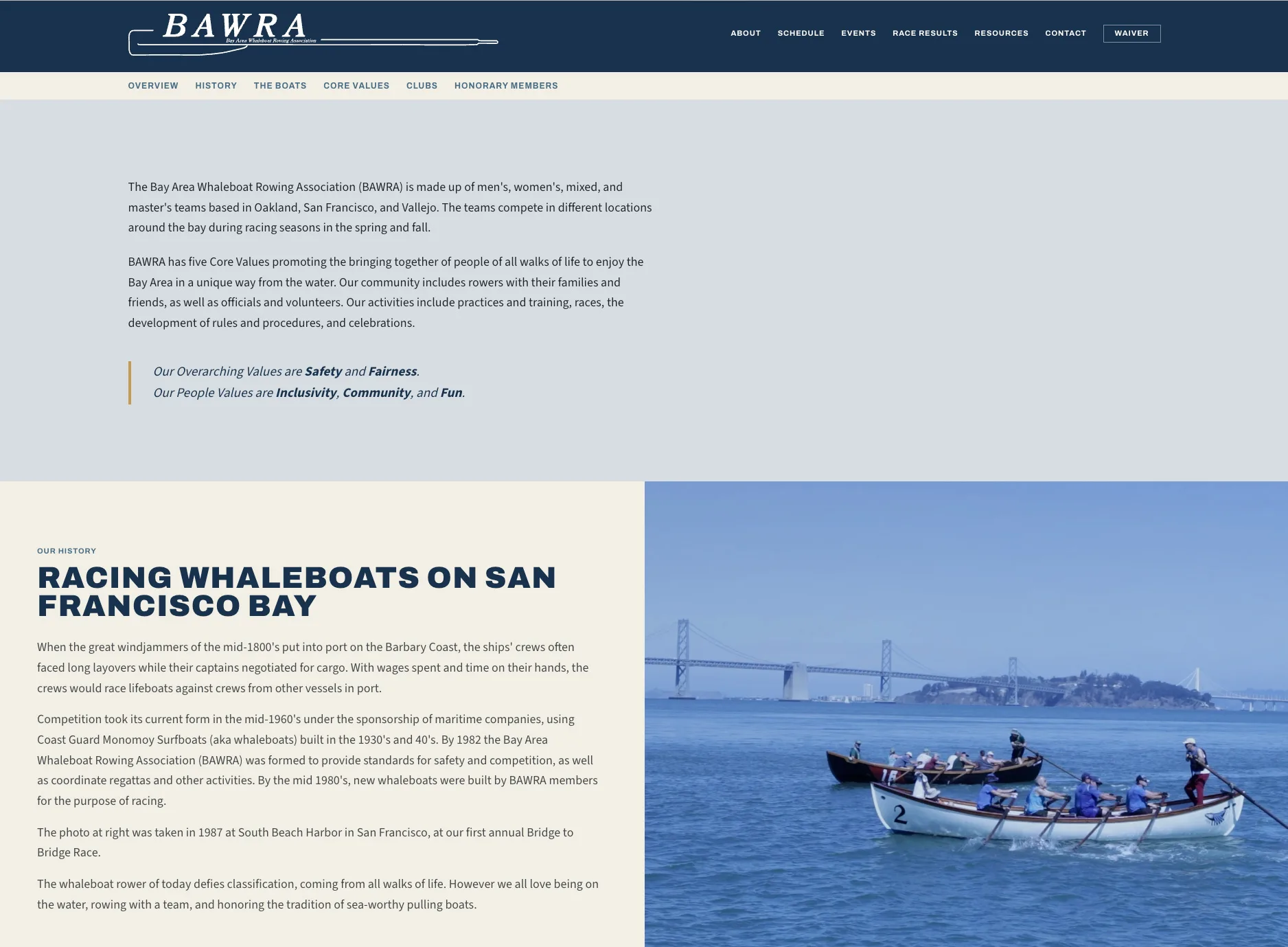 The About page, with the association’s core values above a history of whaleboat racing on San Francisco Bay, beside a photo of two whaleboats racing near the Bay Bridge