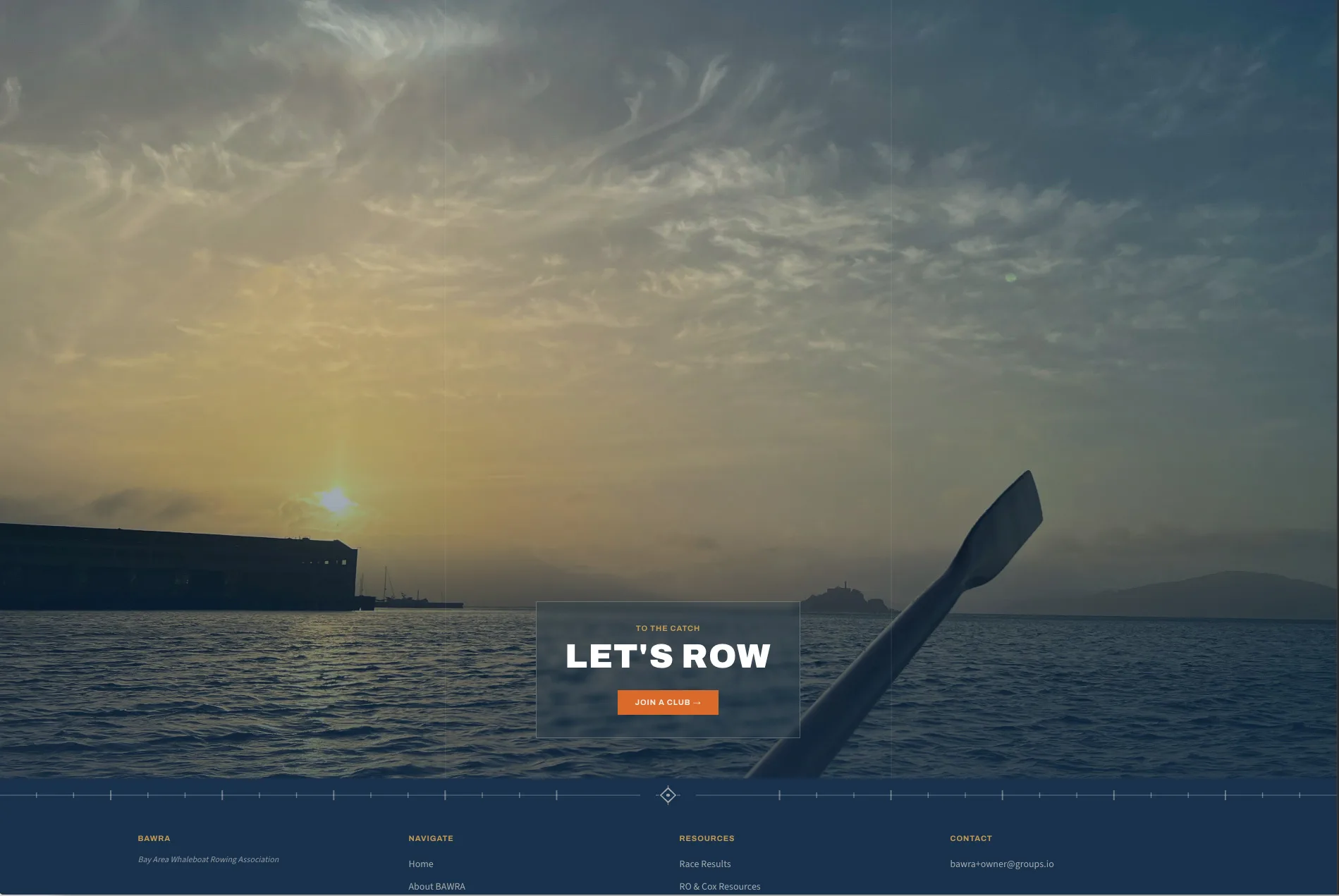 The bottom of a BAWRA page: a sunset over the Bay seen from a whaleboat, with a “To the Catch — Let’s Row” call to join a club above the footer navigation