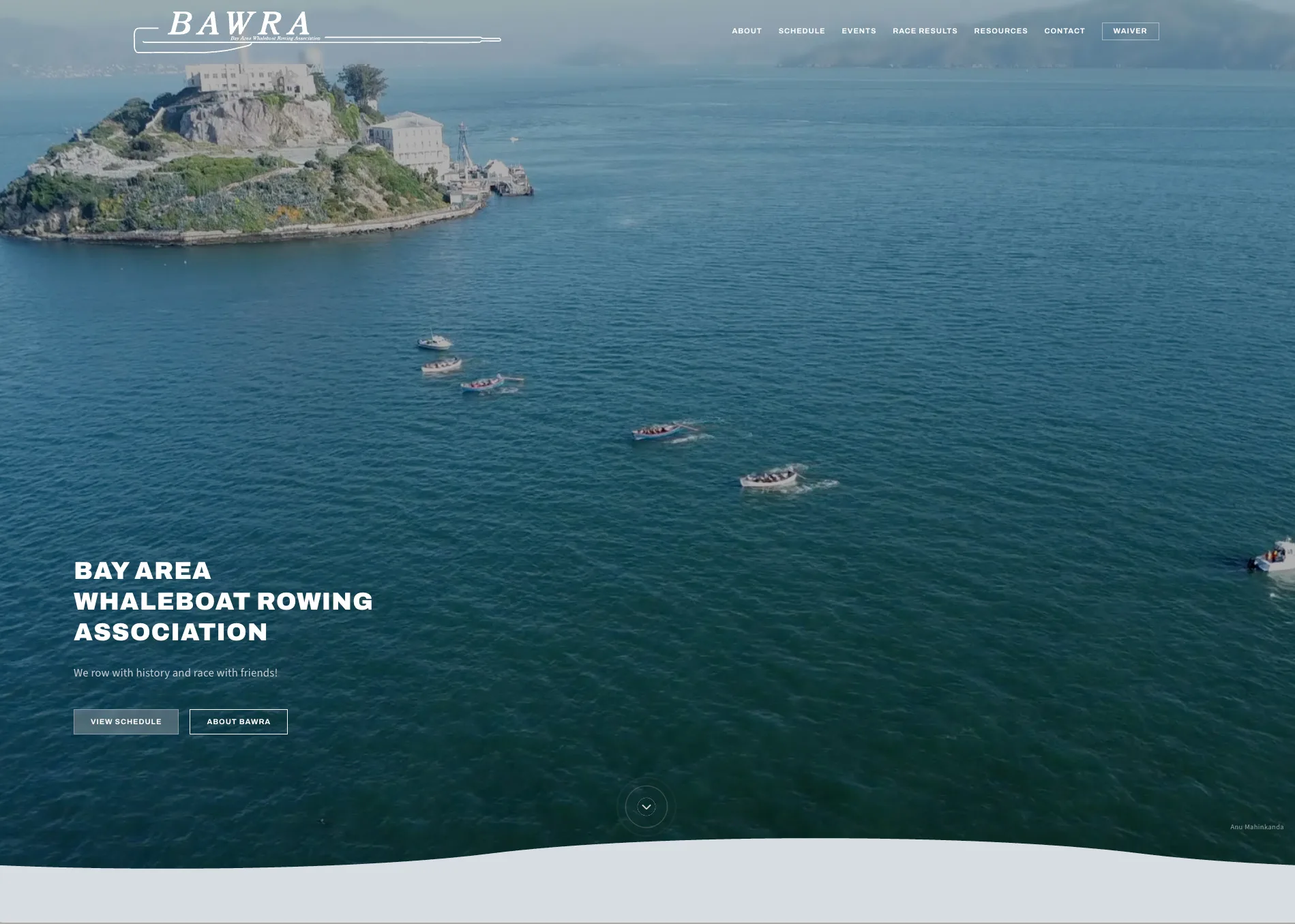 The BAWRA homepage: an aerial photo of whaleboats racing past Alcatraz, with the association’s name and buttons to view the schedule or read about BAWRA