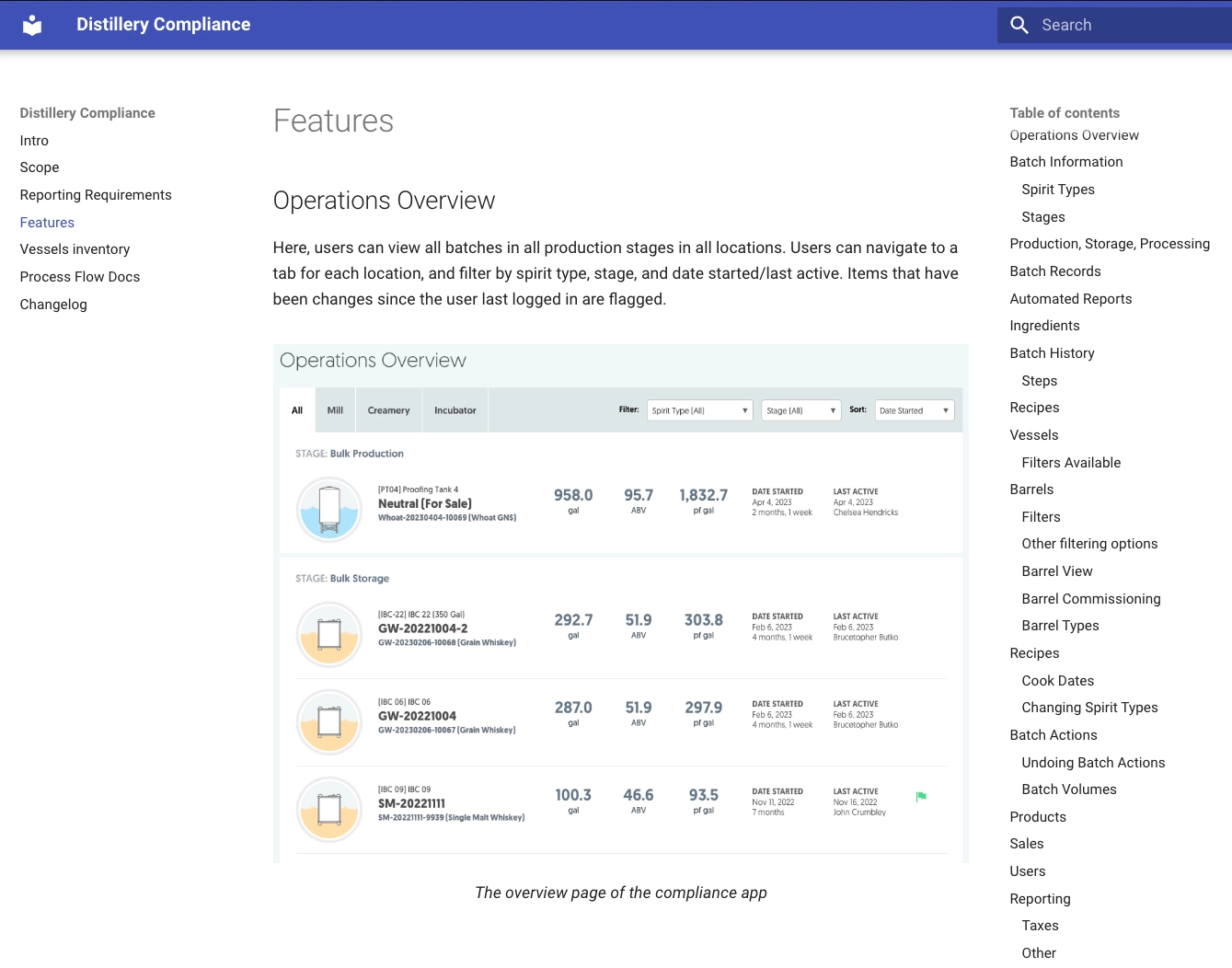 Features of the compliance app, with an overview of the UI