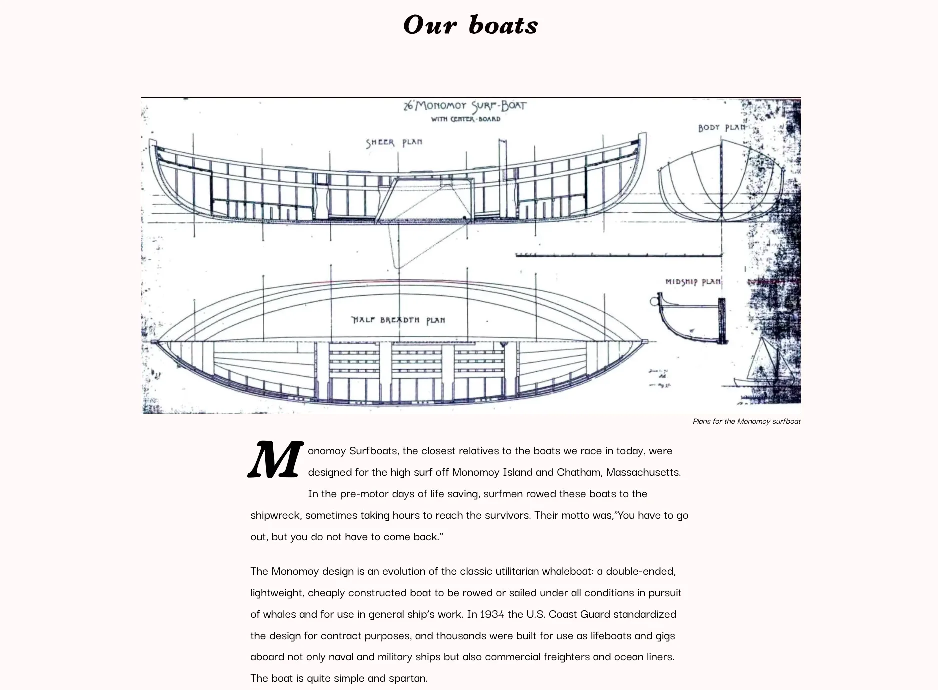 The “Our boats” section of the club’s history page, with a technical drawing of a 26-foot Monomoy surfboat above an introduction to the boat’s lifesaving origins
