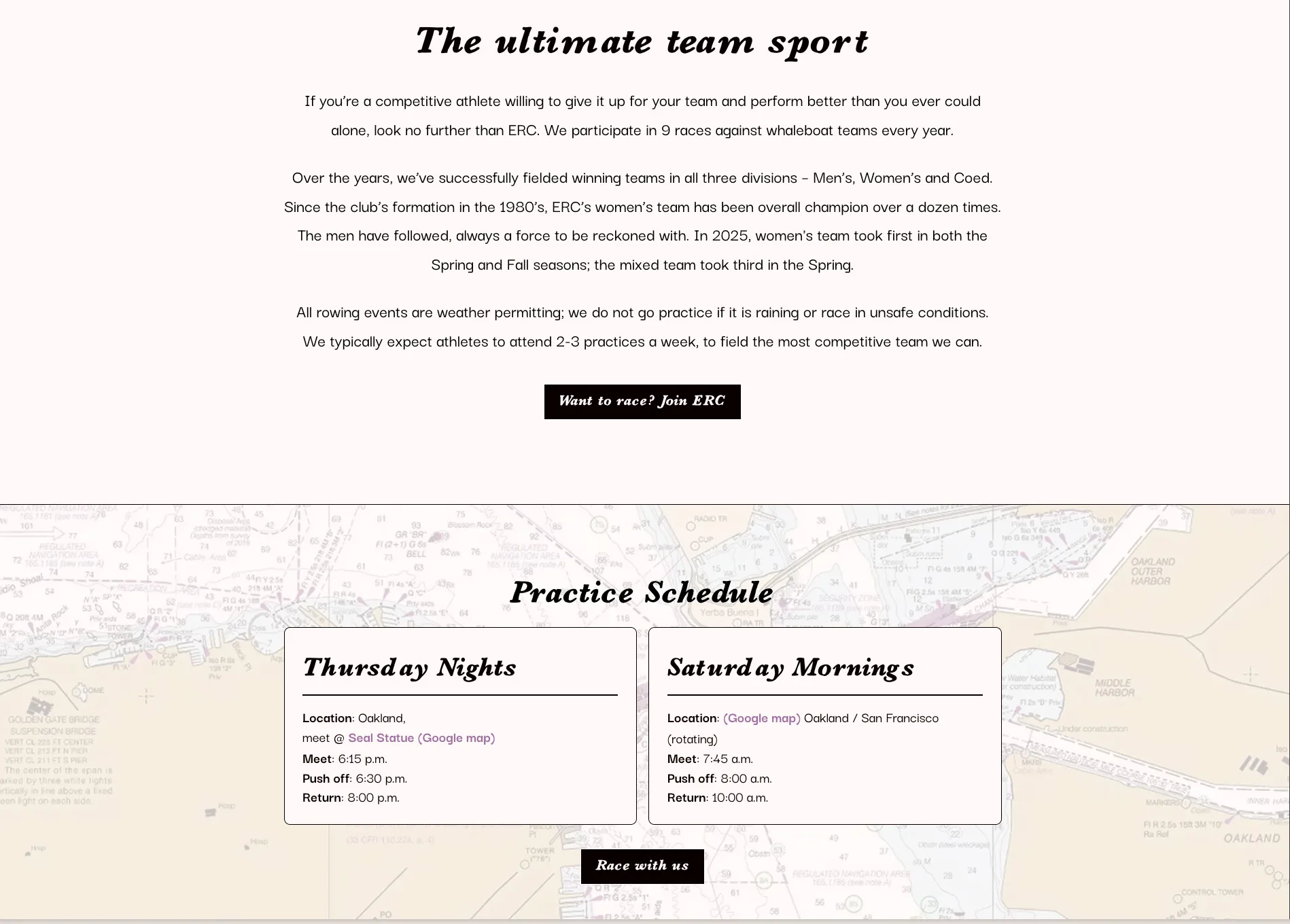 The Racing page, with an introduction to the club’s racing teams above Thursday-night and Saturday-morning practice schedules set over a nautical chart of the Bay
