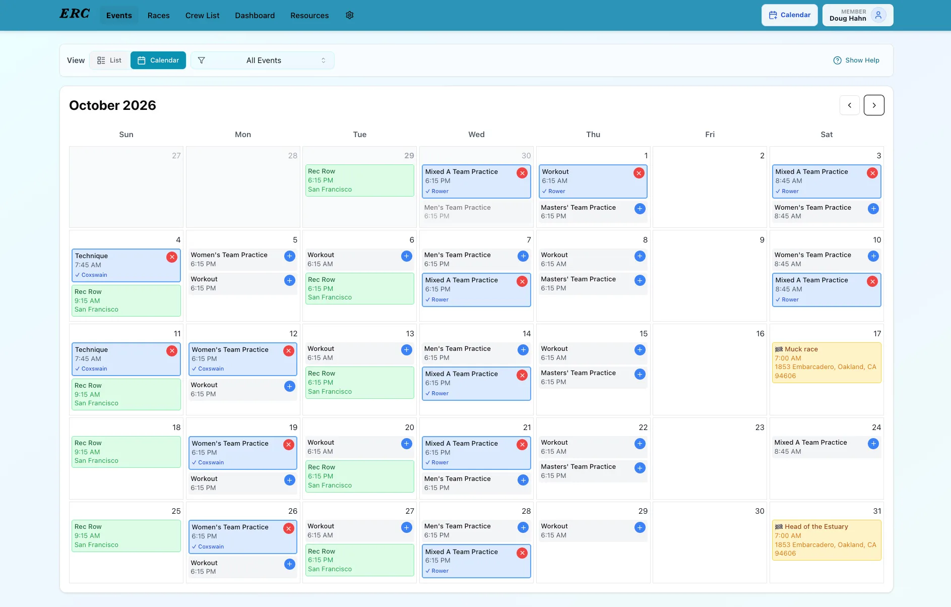 The ERC Rows calendar for October 2026, showing daily practices, workouts, recreational rows, and two races, with the member’s own signups highlighted and a button to join or leave each event