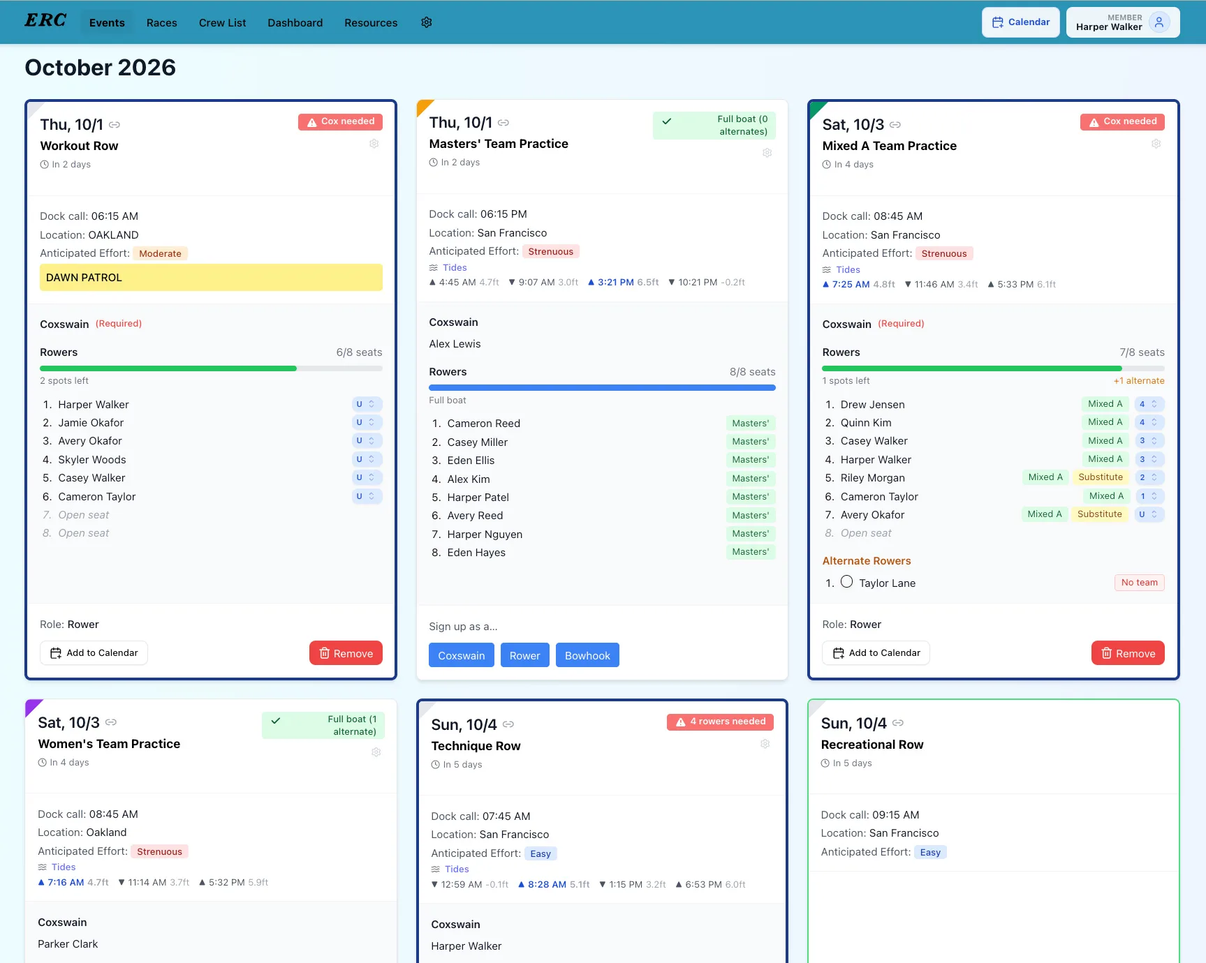 Event cards in ERC Rows, each showing dock call, location, effort level, tides, a coxswain slot, eight rower seats with open seats and alternates, and alerts such as “Cox needed” or “Full boat”