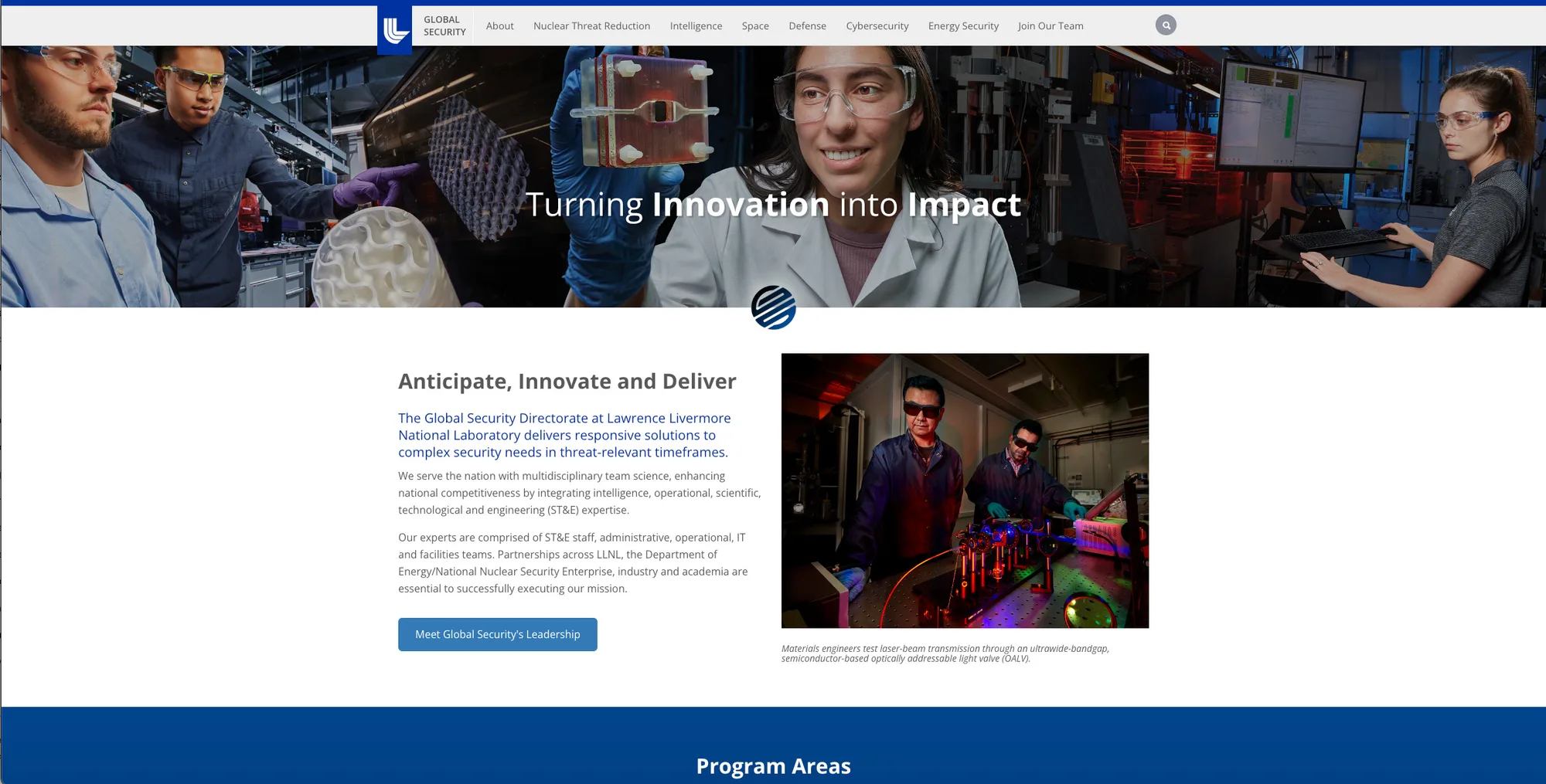 The Global Security Directorate homepage, with a banner photo of Lab researchers under the headline “Turning Innovation into Impact” and an introduction to the directorate below