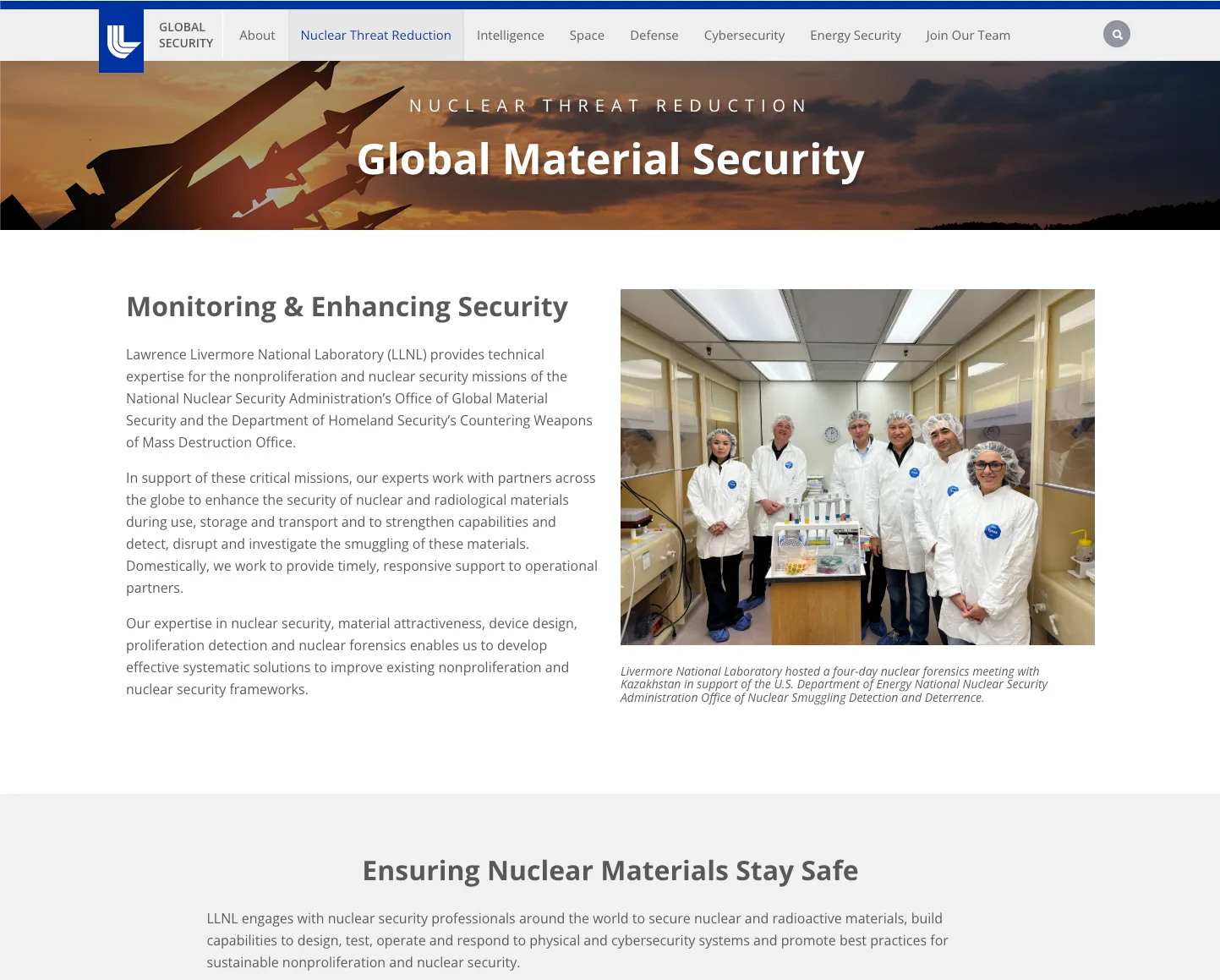 The Global Material Security page under Nuclear Threat Reduction, with an overview of the Lab’s nuclear security work beside a captioned photo of a nuclear forensics meeting