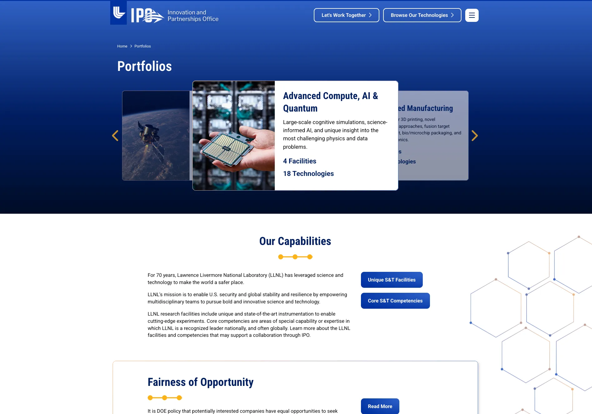 The IPO Portfolios page, with a carousel of technology portfolio cards; the featured card, Advanced Compute, AI & Quantum, lists 4 facilities and 18 technologies
