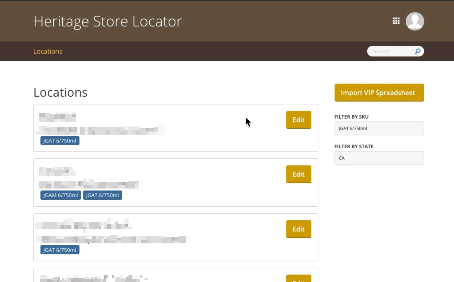 The store locator’s home page, filtered by SKU and location